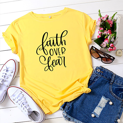 

Women's T shirt Graphic Letter Print Round Neck Tops 100% Cotton Basic Basic Top White Yellow Blushing Pink