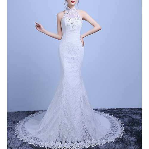 

Mermaid / Trumpet Wedding Dresses High Neck Sweep / Brush Train Lace Tulle Sleeveless Romantic with Beading Appliques 2021