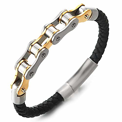 

Mens Steel Silver Gold Motorcycle Bike Chain Black Braided Leather Bangle Bracelet, Spring Clasp