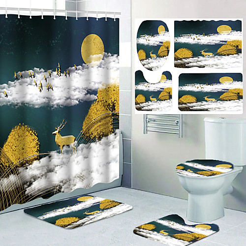 

White Cloud Elk Sun Comic Pattern Bathroom Waterproof Shower Curtain Leisure Toilet Floor Mat Four-piece Design