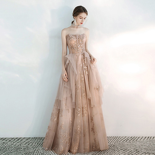 

A-Line Glittering Floral Engagement Formal Evening Dress Strapless Sleeveless Floor Length Tulle with Appliques 2021