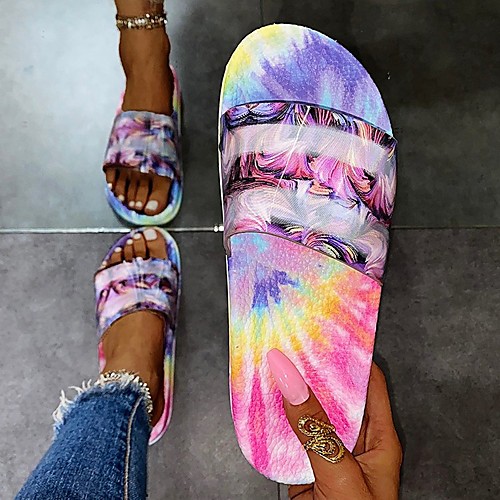 

Women's Sandals Flat Heel Round Toe PU Color Block Purple Blue Pink
