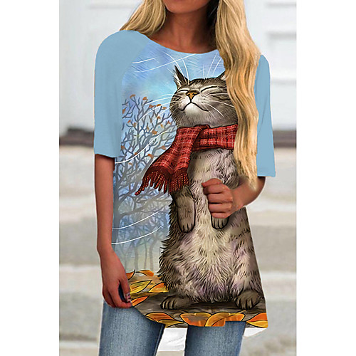 

Women's T Shirt Dress Tee Dress Short Mini Dress White Blue Half Sleeve Cat Animal Print Spring Summer Round Neck Casual 2021 S M L XL XXL 3XL