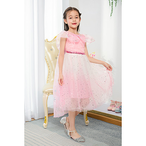 

Princess Tea Length Event / Party / Holiday Flower Girl Dresses - Tulle Short Sleeve Jewel Neck with Ruffles / Paillette