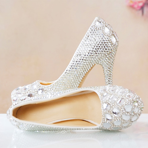 

Women's Wedding Shoes Pumps Round Toe Wedding Pumps PU Rhinestone Crystal Sparkling Glitter Solid Colored Color Block Red Rainbow Silver