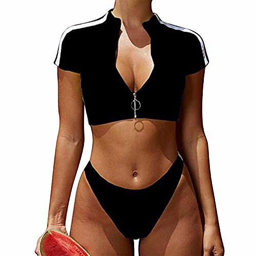 

nmqlx women's zip short sleeve split bikini high waist 2-piece swimsuit black