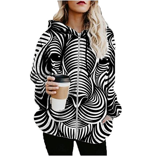 

Women's Print Print Fall & Winter Hoodied Jacket Regular Sports Long Sleeve Cotton Blend Coat Tops Black