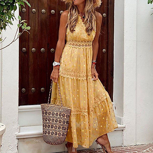 Women's Swing Dress Maxi long Dress Blue White Pink Yellow Beige Sleeveless Solid Color Lace Patchwork Spring Summer V Neck Elegant Sexy Boho 2022 S M L XL XXL