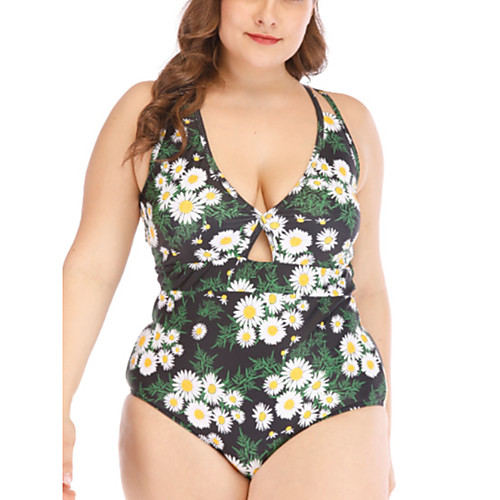 

Women's One Piece Romper Swimsuit Hole Print Solid Color Floral Blue Green Plus Size Swimwear Padded Bodysuit Strap Bathing Suits New Fashion