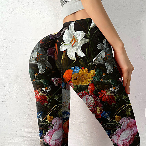 

Women's Colorful Novelty Comfort Leisure Sports Weekend Leggings Pants Graphic Prints Flower Ankle-Length Sporty Elastic Waist Print Black