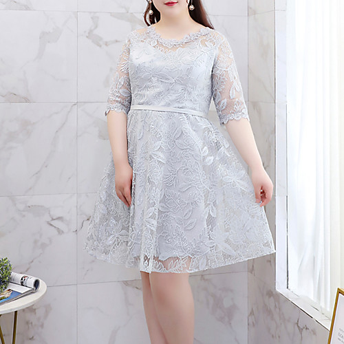 

A-Line Flirty Plus Size Homecoming Cocktail Party Dress V Neck Half Sleeve Short / Mini Lace with Lace Insert Embroidery 2021