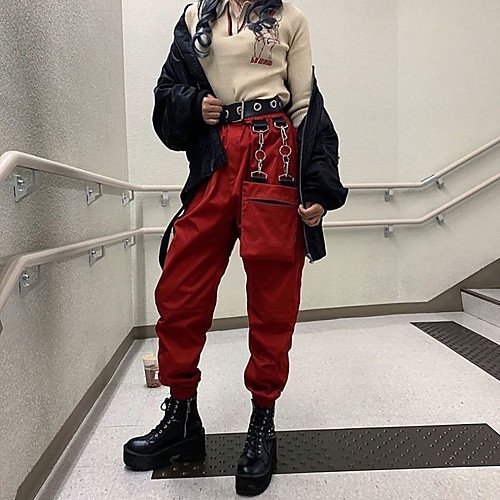 

Women's Stylish Streetwear Comfort Casual Daily Tactical Cargo Pants Plain Full Length Red