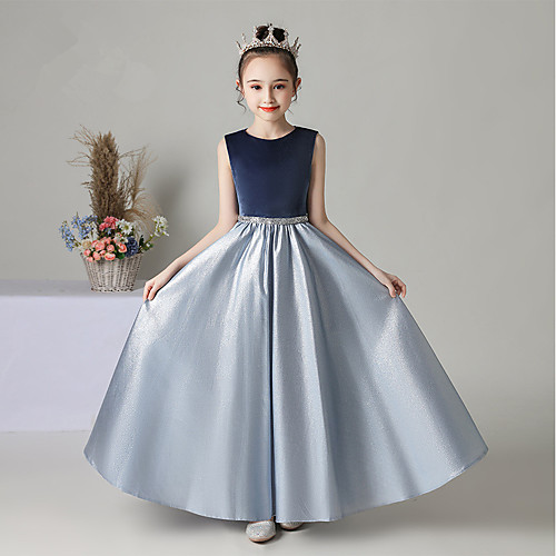 

Princess / A-Line Jewel Neck Floor Length Satin / Velvet Junior Bridesmaid Dress with Sash / Ribbon / Pleats