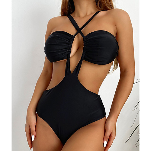 

Women's One Piece Monokini Swimsuit Open Back Slim Solid Color Abstract Black Swimwear Padded Crop Top Strap Bathing Suits New Fashion Sexy