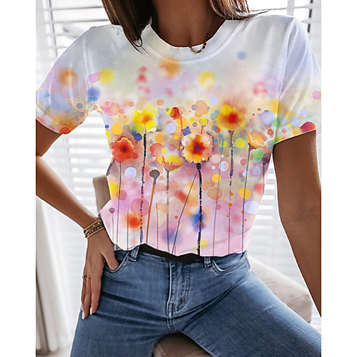 

Women's T shirt Graphic Floral Print Round Neck Tops Basic Basic Top White
