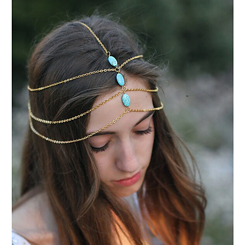 

mori series simple natural turquoise multi-layer tassel chain headband hair accessory cf123