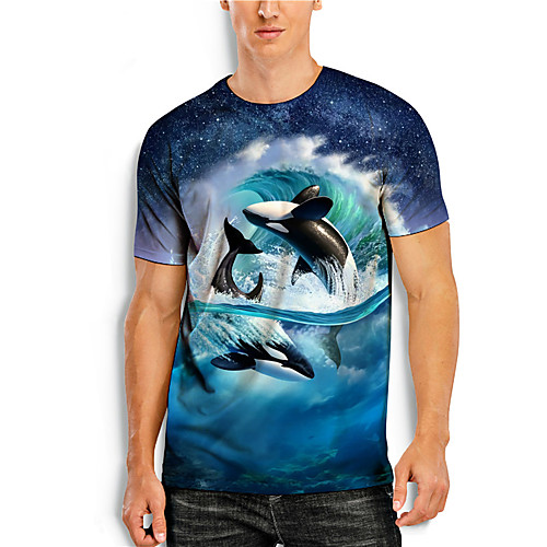 

Men's T shirt 3D Print Graphic Prints Fish Animal 3D Print Short Sleeve Daily Tops Basic Casual Blue