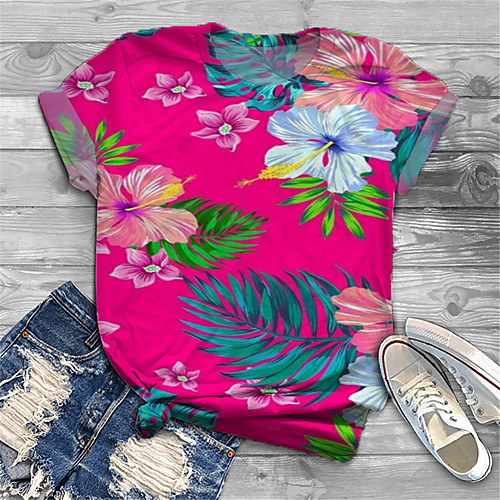 

Women's Plus Size Print Graphic Floral T shirt Large Size Crewneck Short Sleeve Basic Tops XL XXL 3XL Red Big Size