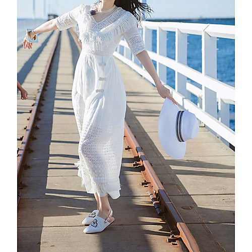 

A-Line Maxi Elegant Holiday Party Wear Dress Jewel Neck Half Sleeve Ankle Length Cotton with Tassel Lace Insert 2021