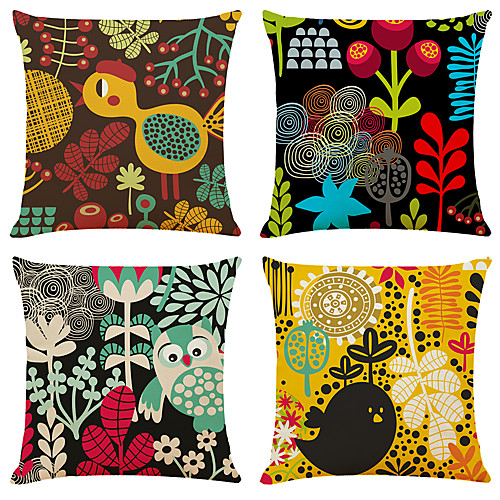 

4 pcs Linen Pillow Cover, Cartoon Simple Classic Square Zipper Traditional Classic