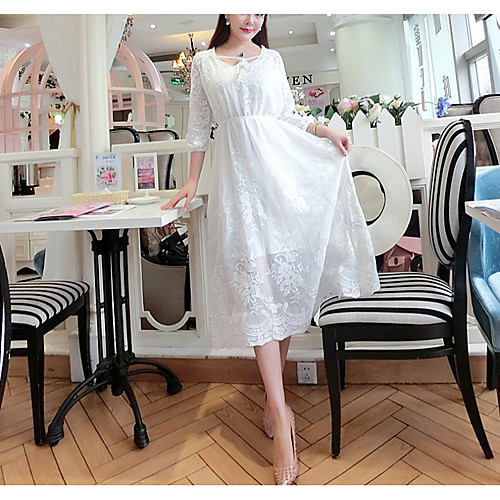 

A-Line Maxi Floral Holiday Cocktail Party Dress V Neck 3/4 Length Sleeve Tea Length Lace Cotton with Embroidery 2021