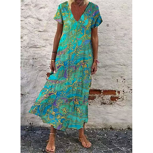 

Women's T Shirt Dress Tee Dress Maxi long Dress Purple Red Yellow Light Blue Short Sleeve Print Geometric Print Spring Summer V Neck Sexy Boho 2021 S M L XL XXL 3XL 4XL