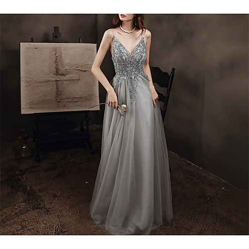 

A-Line Plunging Neck Floor Length Tulle Bridesmaid Dress with Lace / Pleats