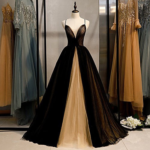 

A-Line Color Block Beautiful Back Engagement Formal Evening Dress V Neck Sleeveless Sweep / Brush Train Tulle with Pleats 2021