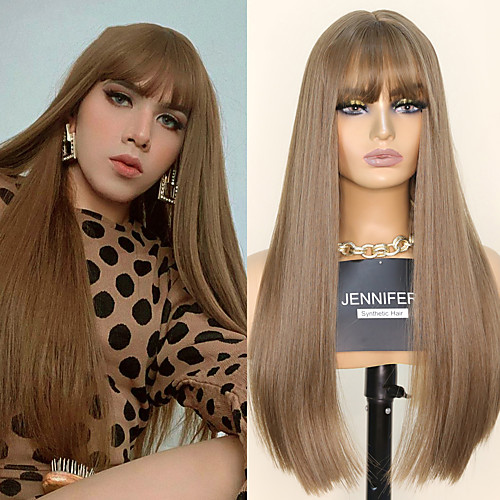

Synthetic Wig Natural Straight Neat Bang Wig 22 inch Light Brown Dark Brown Synthetic Hair Women's Fashionable Design Cosplay Party Dark Brown Light Brown