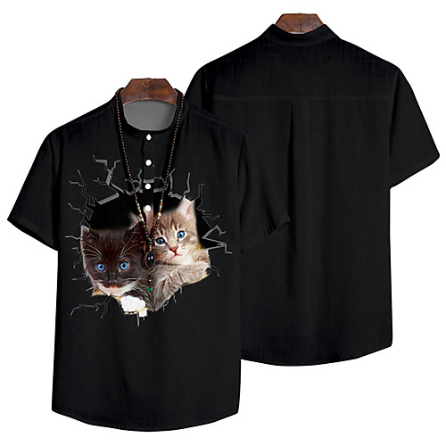 

Men's Shirt 3D Print Cat Animal Button-Down 3D Print Short Sleeve Daily Tops Casual Fashion Hawaiian Black