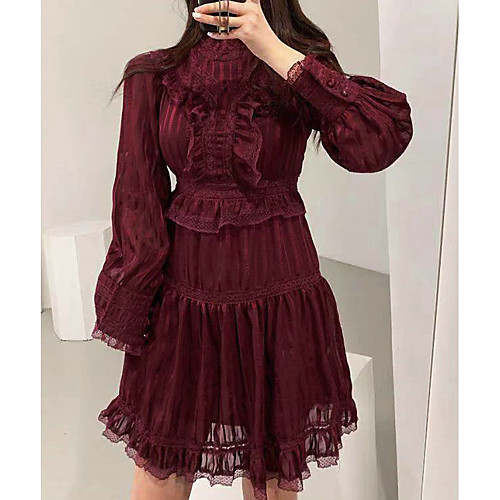 

A-Line Flirty Vintage Holiday Cocktail Party Dress Stand Collar Long Sleeve Short / Mini Lace with Pleats Lace Insert 2021