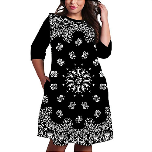 

Women's Plus Size Dresses Shift Dress Knee Length Dress 3/4 Length Sleeve Floral Print Color Block Print Casual Fall Black XL XXL 3XL 4XL 5XL / Holiday