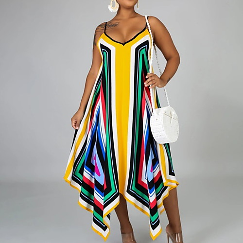 

Women's Strap Dress Maxi long Dress Yellow Sleeveless Print Print Summer V Neck Elegant 2021 S M L XL