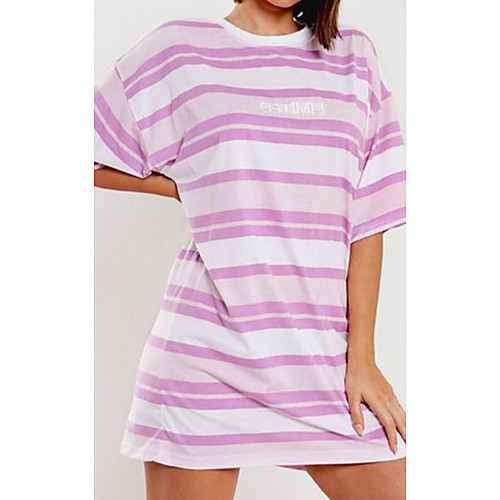 

Women's T Shirt Dress Tee Dress Short Mini Dress Purple Short Sleeve Striped Print Summer Round Neck Casual 2021 M L XL XXL