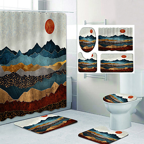 

Beautiful Mountains Pattern Printing Bathroom Shower Curtain Leisure Toilet Four-Piece Design