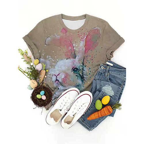

Women's T shirt Graphic Animal Print Round Neck Tops Basic Basic Top Purple Khaki Green