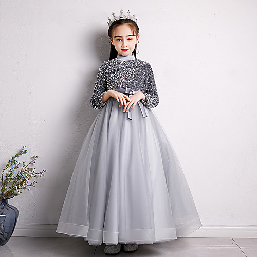 

Princess Floor Length Formal Evening / Pageant Flower Girl Dresses - Tulle / Sequined Long Sleeve High Neck with Bow(s) / Appliques / Solid