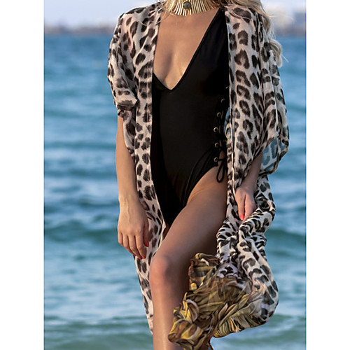 

Women's Swimsuit Cover Up Beach Top Swimsuit Mesh Slim Abstract Leopard Khaki Swimwear T shirt Dress Tunic V Wire Bathing Suits New Fashion Sexy