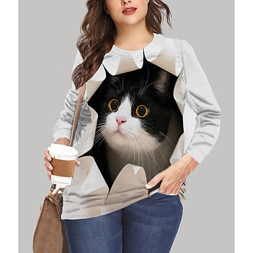 

Women's Plus Size Print Cat Graphic Animal T shirt Large Size Crewneck Long Sleeve Tops XL XXL 3XL White Beige Big Size