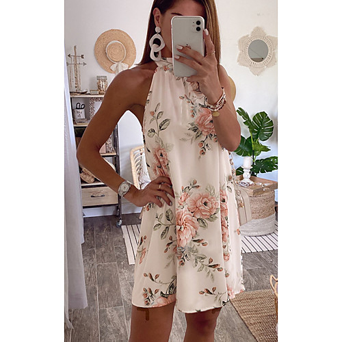 

Women's Shift Dress Short Mini Dress White Sleeveless Floral Print Summer Halter Neck Casual 2021 S M L XL