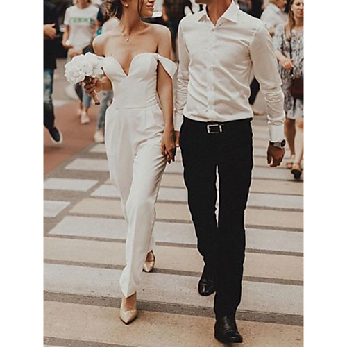 

Jumpsuits Wedding Dresses Off Shoulder Ankle Length Stretch Fabric Short Sleeve Simple with 2021