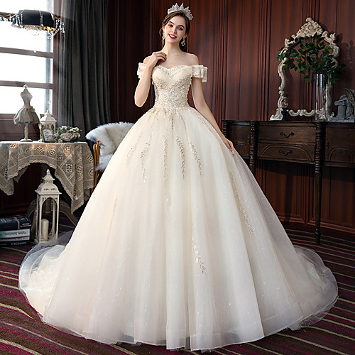 

Princess Ball Gown Wedding Dresses Off Shoulder Court Train Lace Tulle Short Sleeve Formal Romantic Luxurious Sparkle & Shine with Pleats Sequin Appliques 2021