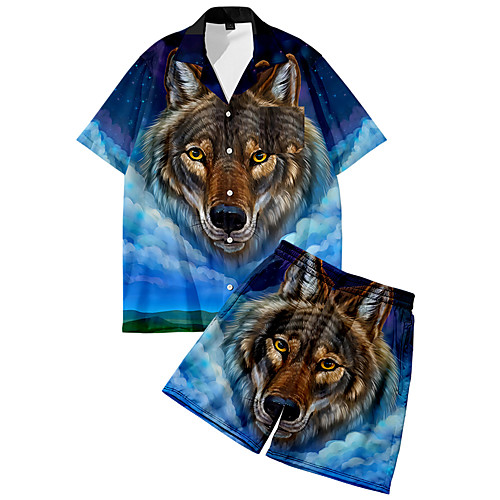 

Men's Shirt Suits 3D Print Wolf Animal Button-Down 3D Print Short Sleeve Street Tops Fashion Classic Breathable Comfortable Blue