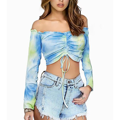 

Women's Crop Top Blouse Shirt Tie Dye Long Sleeve Drawstring Off Shoulder Tops Sexy Basic Top Black and White Blue Brown