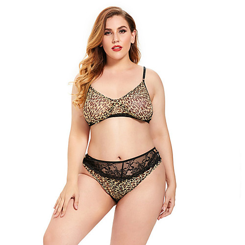 

Women's Backless Mesh Matching Bralettes Suits Nightwear Leopard Bra & Panty Set Rainbow XL XXL 3XL