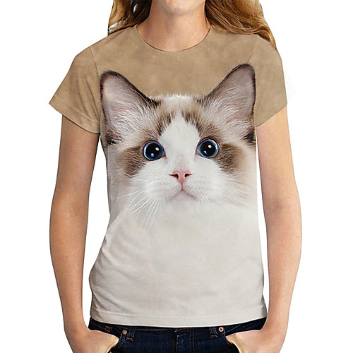 

Women's T shirt Cat Graphic 3D Print Round Neck Tops Basic Basic Top White