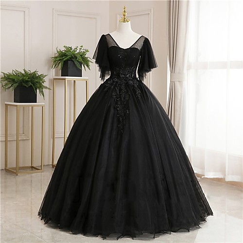 

Ball Gown Luxurious Floral Quinceanera Prom Dress Scoop Neck Short Sleeve Floor Length Tulle with Pleats Embroidery 2021