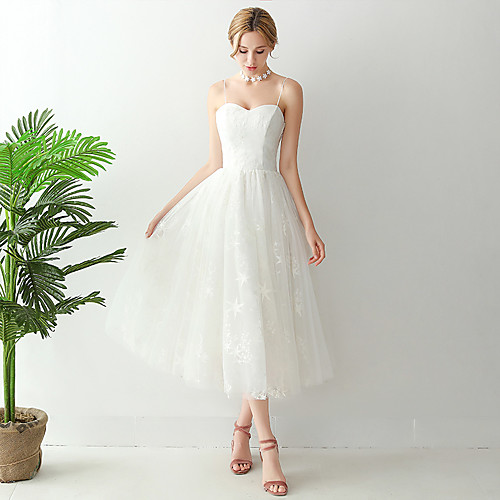 

A-Line Wedding Dresses Spaghetti Strap Strapless Ankle Length Tulle Sleeveless Romantic Beach Little White Dress Elegant with Pleats 2021