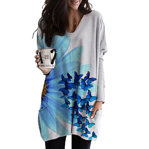 

Women's Shift Dress Short Mini Dress Blue Long Sleeve Floral Color Block Animal Print Fall Spring Round Neck Casual 2021 S M L XL XXL 3XL