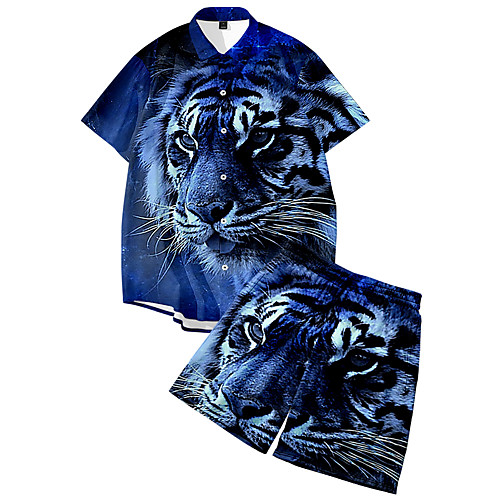 

Men's Shirt Suits 3D Print Tiger Animal Button-Down 3D Print Short Sleeve Daily Tops Casual Fashion Breathable Blue
